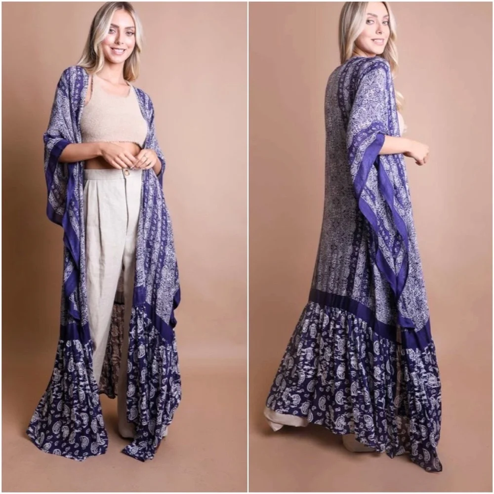 Bohemian Gypsy Purple Paisley Ruffle Long Kimono Cover up - Picture 6 of 6